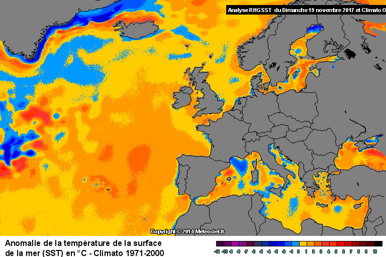 Anomalie de la temprature de la mer (SST) en Europe